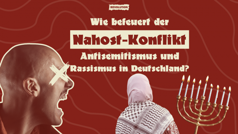 Wie befeuert der Nahost-Konflikt Antisemitismus und Rassismus in Deutschland? Bild von einem glatzköpfigen Mann mit Kreuz über den Augen welcher eine Muslima mit Kufiya und eine Chanukkia anbrüllt